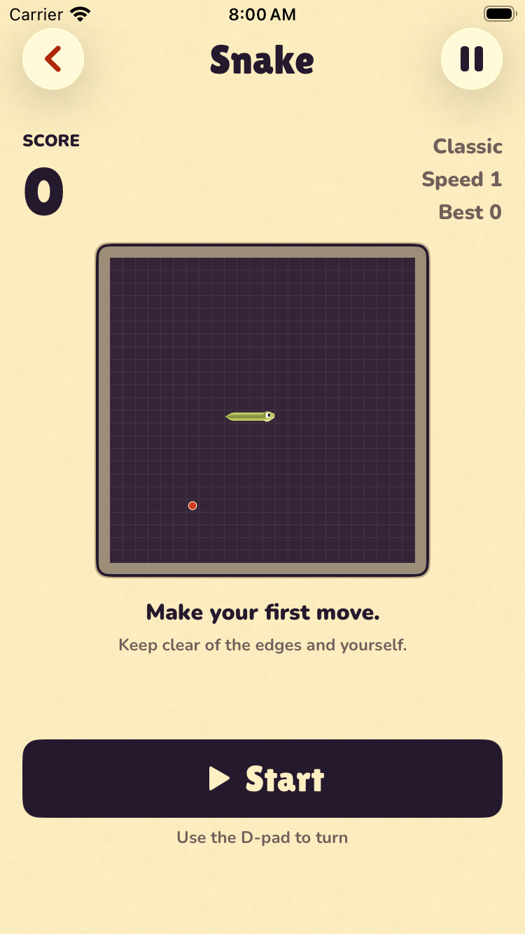 Still Snake's native Classic screen, with a solid wall around the playing field and a Start button.