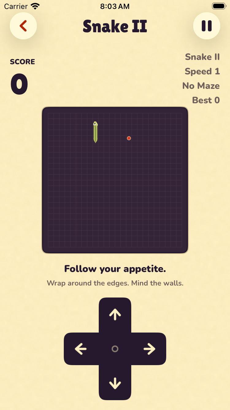 Still Snake's native Snake II game with D-pad controls enabled and the No Maze option selected.